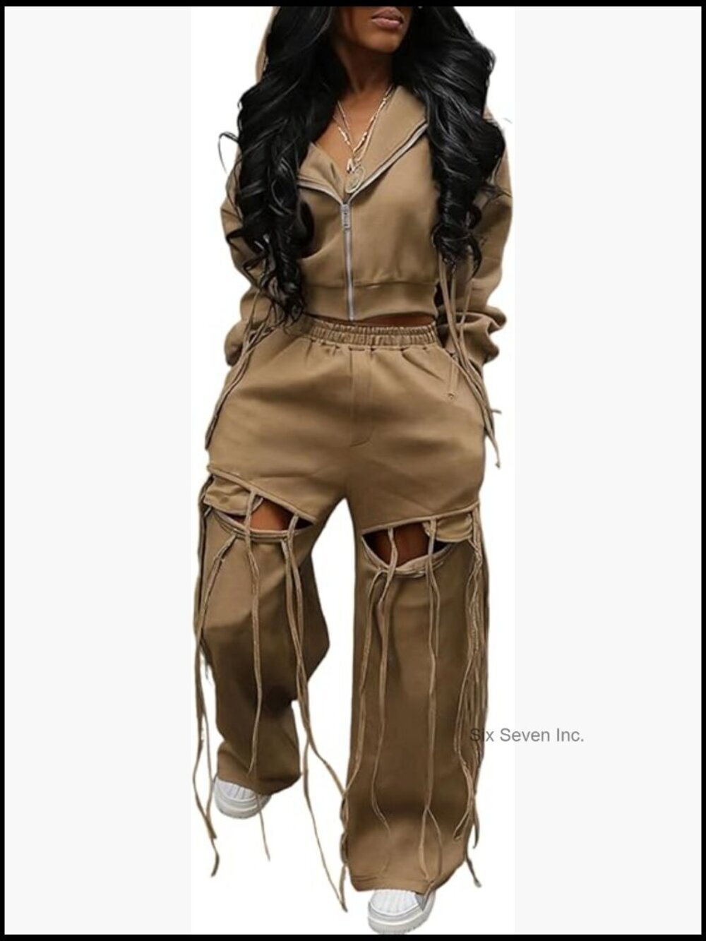 2 Piece Casual Hoodie Sweatsuit Wide Leg Ripped Lounge Pant Set